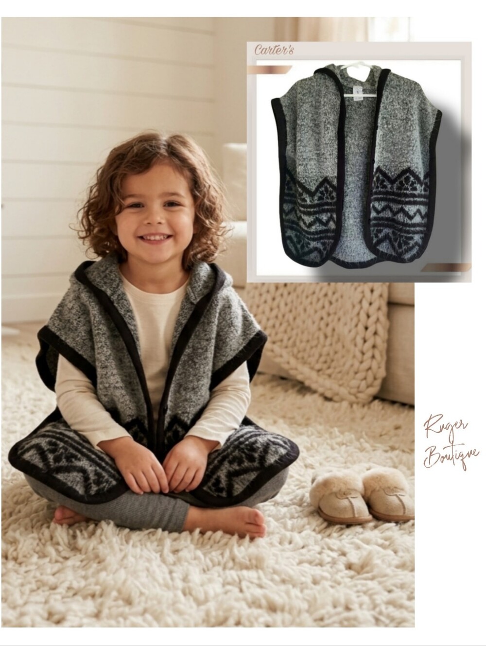 🌿Carters Girls Boys Size 5 Knit Hooded Sweater Poncho Black and Gray